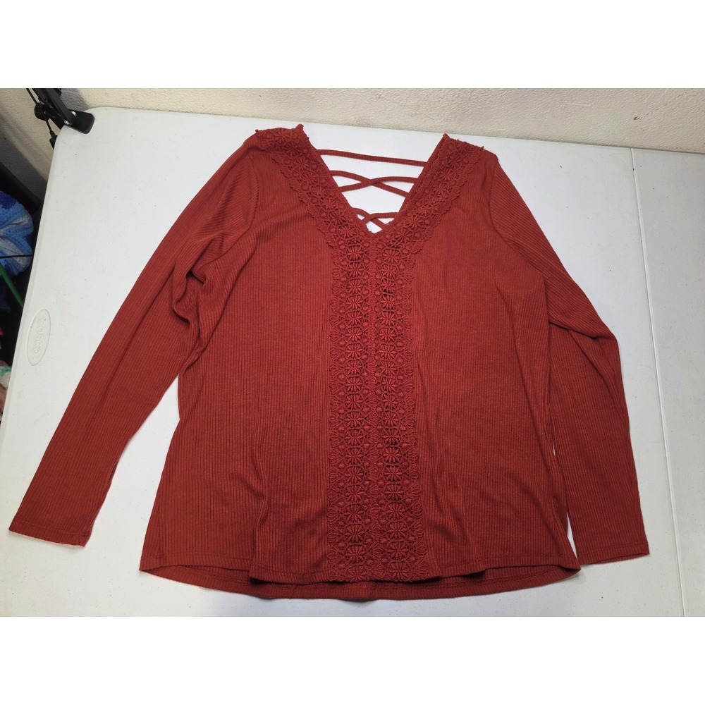 Maurices Rust Red Ribbed Knit Crochet Lace V-Neck Strappy Back Top 1X Plus